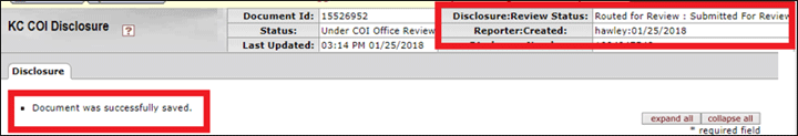Disclosure:Review Status field on the KC COI Disclosure section indicating a proposal successfully submitted for review