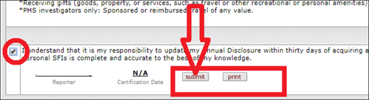 Certification statement checkbox and submit button