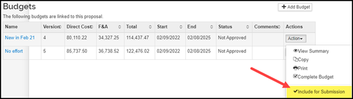 Budgets for a proposal highlighting menu for how to include for submission