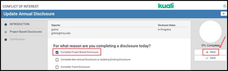 COI module showing how to update annual disclosure