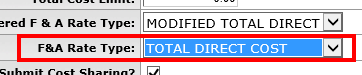 F&A Rate Type dropdown in KC