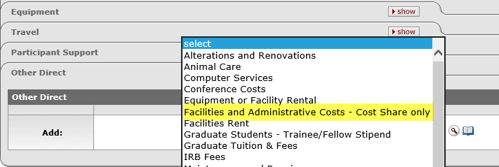 Other Direct dropdown menu showing the new Facilities and Administrative Costs - Cost Share only option