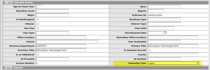 Citizenship Type field highlighted in Extended Details section
