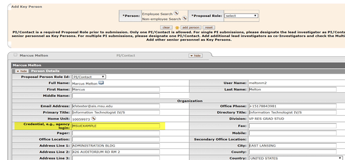 Credential, e.g. agency login field highlighted on Person Details panel