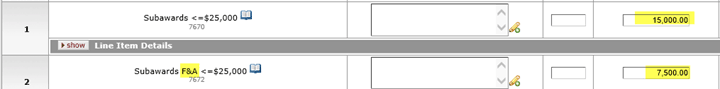 Example year one object codes showing Direct and F&A Costs as less than or equal to $25,000