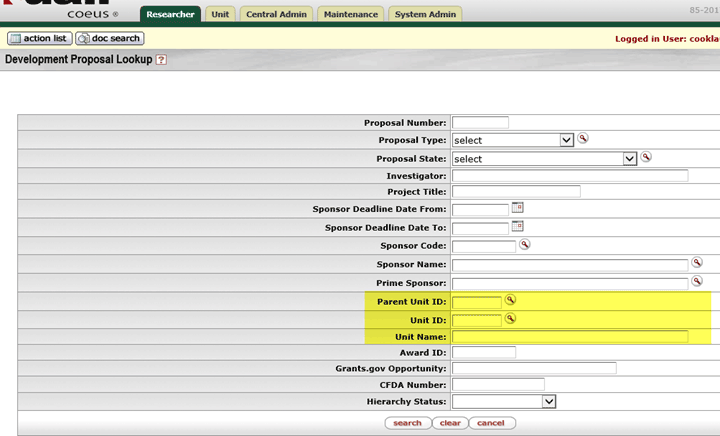 The Parent Unit ID, Unit ID, and Unit Name fields indicated on the KC Researcher tab
