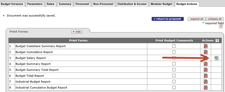 Budget Salary Report Excel icon indicated on the Print Forms section of the Budget Actions tab