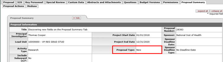 Proposal Type field on the Proposal Information subpanel
