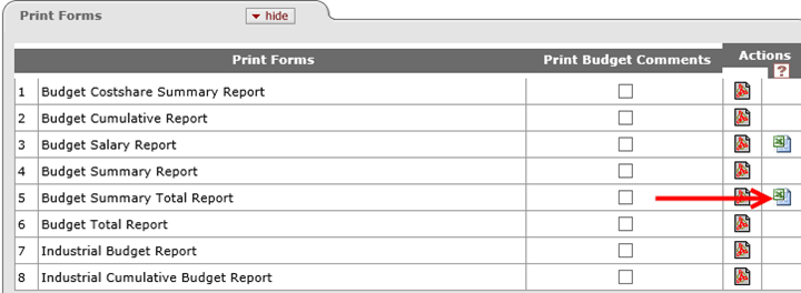 Example of Excel icon indicated on Print Forms tab for the Budget Summary Total Report
