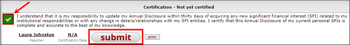 Larger Submit button indicated on Certification panel
