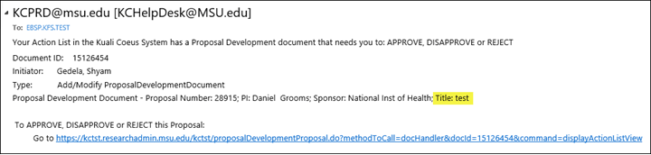 Example of a proposal approval email showing a test title following the name of the sponsor
