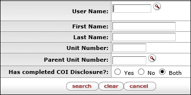User name, first and last names, unit and parent unit numbers, and COI completion question search fields for returning COI completion information