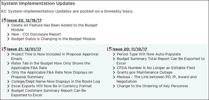 System Implementation Updates subsection showing the three most current KC update issue links along with each issue's page subheaders