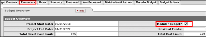 Under the Parameters tab, the Budget Overview panel is shown with an option to select the Modular Budget box