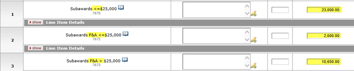 Example 2, Year 1 example of Subaward object codes and costs