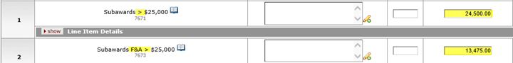 Example 2, Year 2 example of Subaward object codes and costs