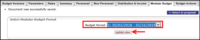 Budget Period dropdown and update view button highlighted on the Modular Budget Tab