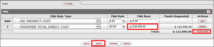 Example $240,000 entered in F and A Base field on the F and A panel; also showing the recalculate and save buttons highlighted