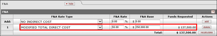 The F&A Rate Type, Rate, Base and Funds Requested are displayed in the F&A panel