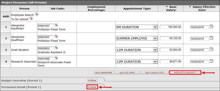 Add all to Period 1 and show buttons on the Project Personnel panel
