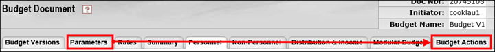 Budget Actions tab on the Budget Document panel