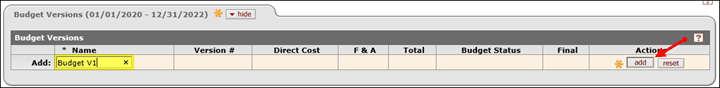 Example budget description highlighted in the Name field on the Budget Versions panel