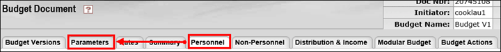 Parameters tab on the Budget Document panel