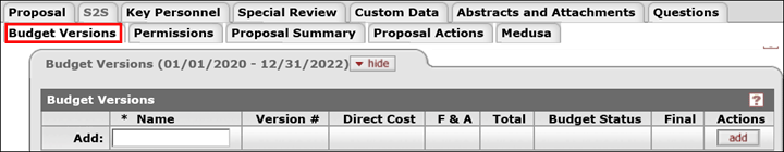 Budget Versions tab highlighted