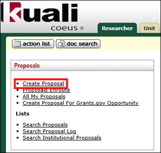 The Create Proposal link highlighted on the Researcher tab in Kuali Coeus