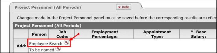 Employee search link on the Project Personnel tab