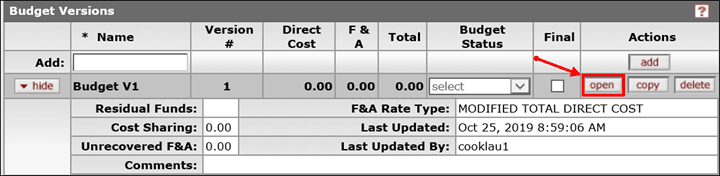 Open button highlighted in the Actions column on the Budget Versions panel