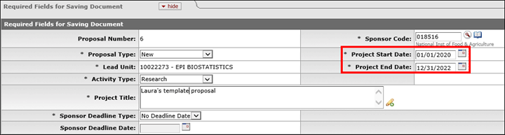 Project start and end date fields highlighted on the Required Fields for Saving Documents Panel