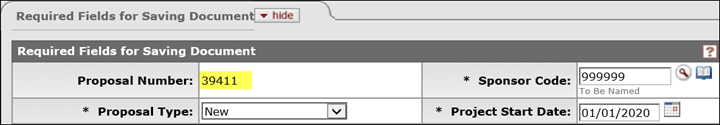 Proposal number highlighted on the Required Fields for Saving Documents Panel