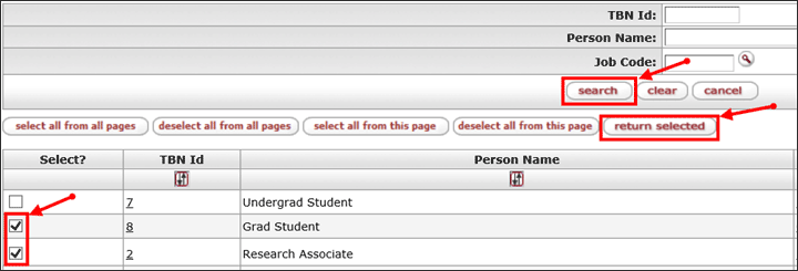 Select checkboxes and Return selected button on the to be named search results screen