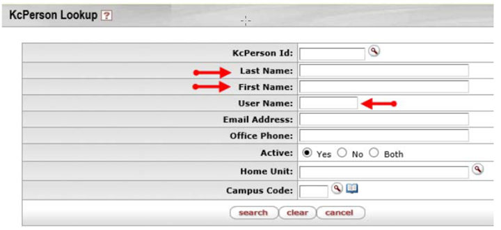 Search criteria in the KcPerson Lookup screen