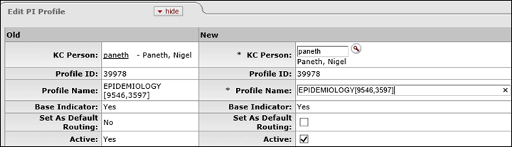 The Edit PI Profile panel