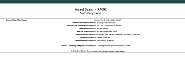 Award Search Report Summary Page Example