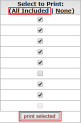Select to Print panel with the All Included link and print selected button highlighted
