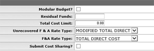 Parameters tab with an F and A rate type of total direct cost selected