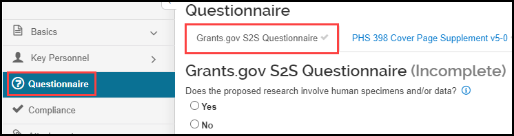 image of the questionaire option of the proposal development document
