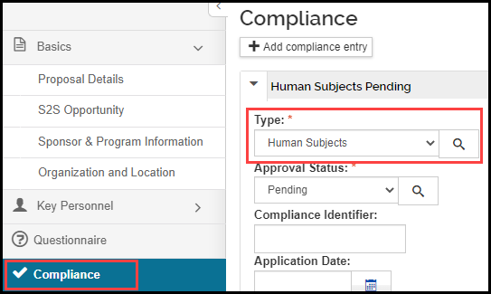 image of the type dropdown menu under the compliance option of the document